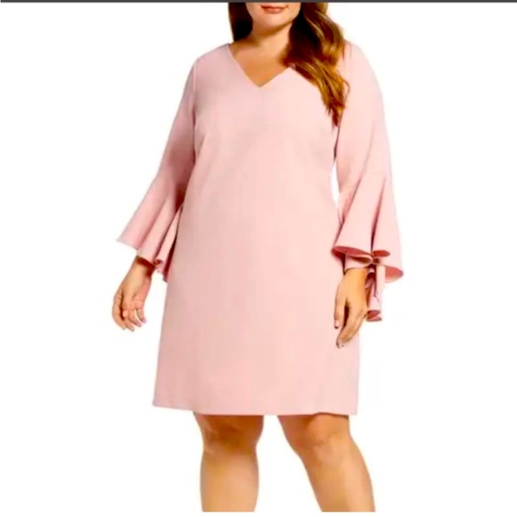 Eliza J Dresses & Skirts - Eliza J Bell Sleeve Crepe Shift Dress Sz 14 Blush Pink Midi Length V Neck